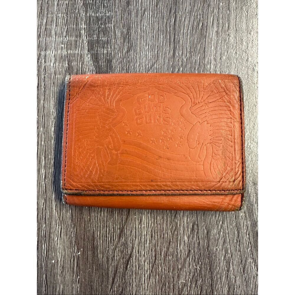 Vintage Leather Trifold Wallet “God Guts Guns” Embossed Biker Western Patriotic